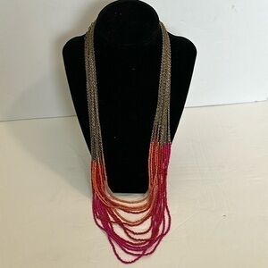 Boho Waterfall of Multi Strand Red, Orange beads Gold  Braided Necklace
